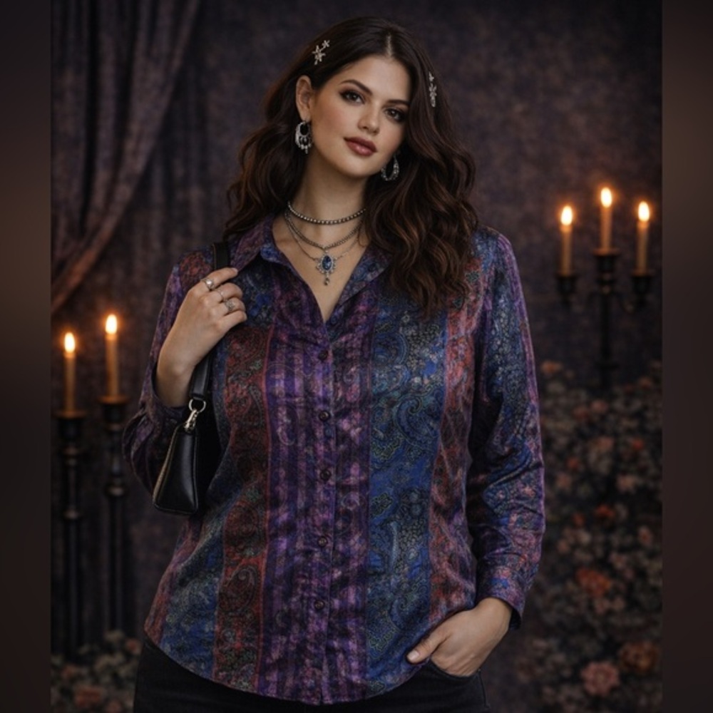Vintage Evan Picone Multicolor Paisley Stripe Silky Button Down Blouse – Size 4